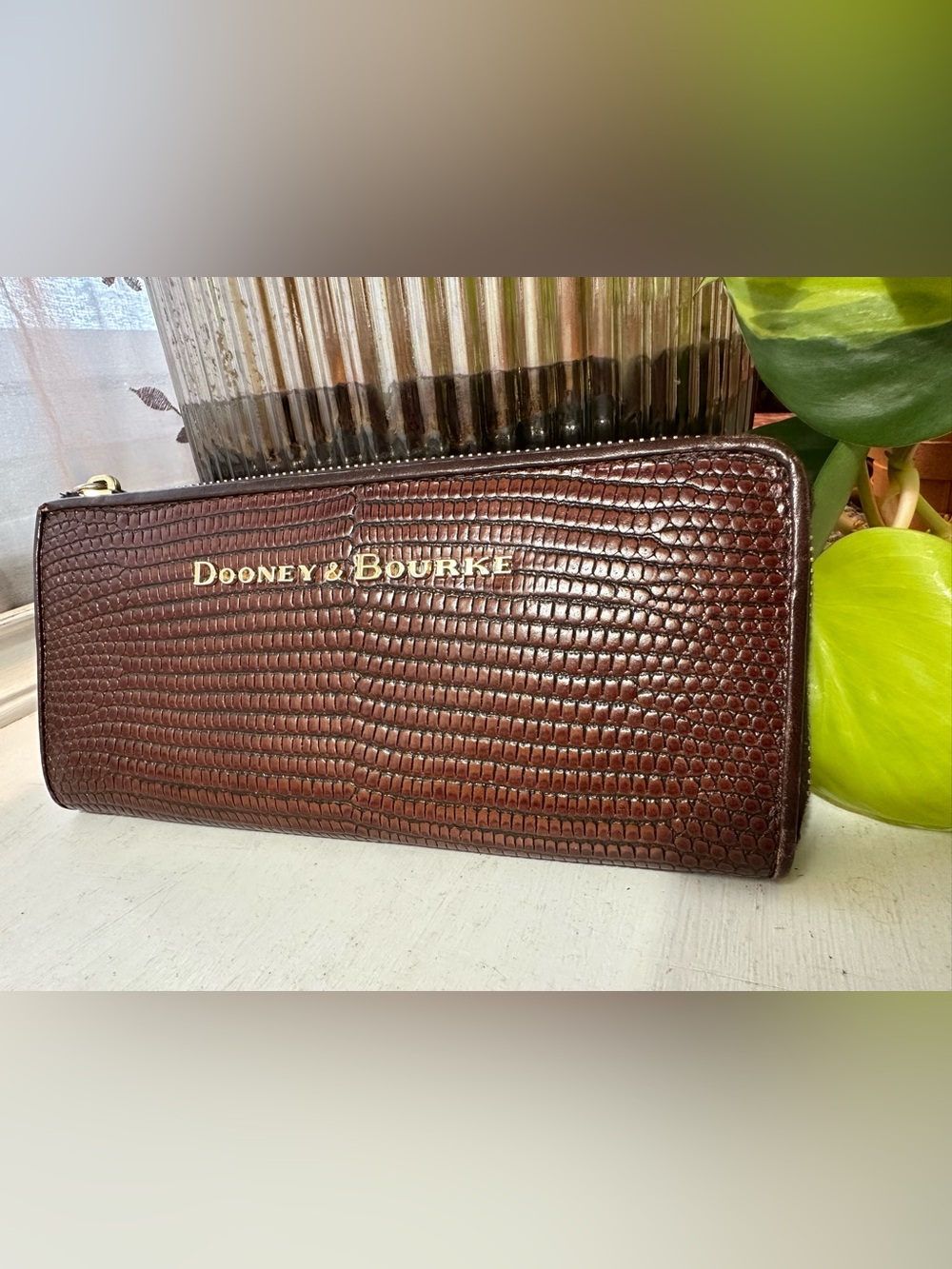 Authentic Dooney & Bourke Lizard Embossed Zip Around Brown Leather Wallet